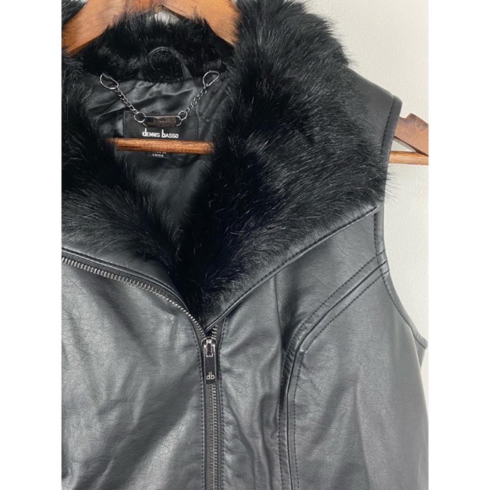 Dennis Basso Black Faux Leather Vest with Faux Fur Trim Size XS